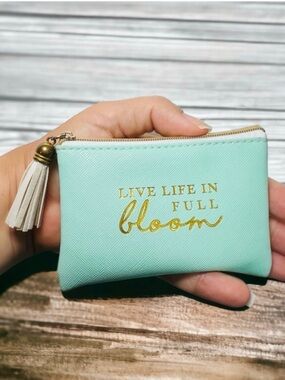 PAPYRUS Mint Turquoise Coin Pouch Live Life in Full Bloom Quote Gold Zip Tassel